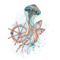 A jellyfish with a steering wheel and seashells. Watercolor illustration. Composition on a white background with spots and splashes of paint from the SYMPHONY OF the SEA collection. For decoration