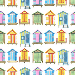 Beach houses are different, bright, striped, wooden on a white background. Watercolor illustration. Seamless pattern from the SURFING collection. For fabric, textiles, wallpaper, wrapping paper