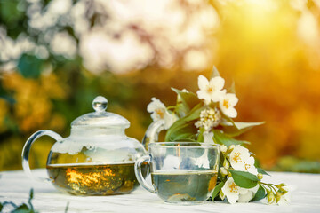 Philadelphus or garden jasmine flowers, healthy herbal tea cup of hot tea. Romantic dinner with therapeutic fragrant tea.