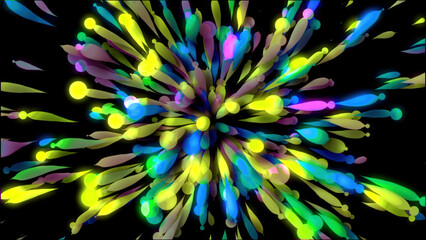 Black background. Motion. Bright confit flying like a salute to the whole background in different colors in animation.