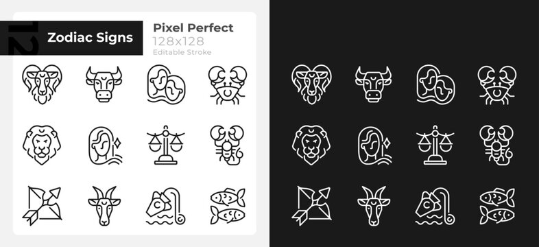 Astrological signs pixel perfect linear icons set for dark, light mode. Thin line symbols for night, day theme. Isolated illustrations. Editable stroke. Montserrat Bold, Light fonts used
