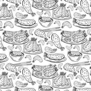 Beautiful japanese food, great design for any purposes. Doodle line drawing vector seamless pattern. Trendy menu texture. Sketch drawing. Japanese and asian food background. Business concept.