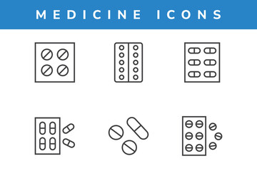 Drug medicine line icons set. Vector collection of pharmacy, capsules for hospital and healthy industry