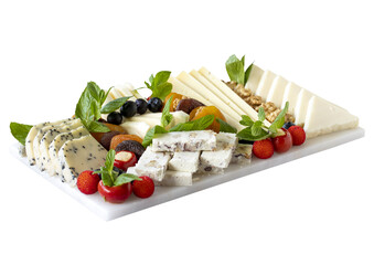 Mixed cheese plate. Delicious assortment of cheeses. Camembert, Brie, Parmesan blue cheese, goat
