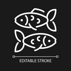 Naklejka premium Fishes pixel perfect white linear icon for dark theme. Pisces zodiac animal. Horoscope sign. Western astrology. Thin line illustration. Isolated symbol for night mode. Editable stroke. Arial font used