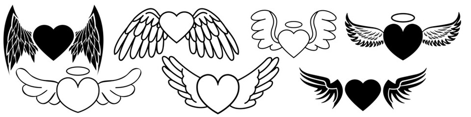 Angel Wings icon vector set. Memorial illustration sign collection. Heart symbol or logo.