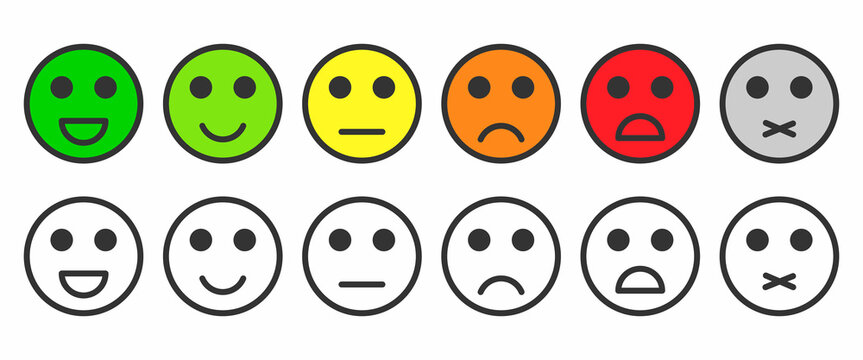Customer rating satisfaction. Feedback concept, black and colorful emotion icons and emojis. Excellent, good, normal, bad, awful, silent. Vector