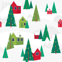 Obraz na płótnie Canvas Seamless pattern Christmas vacation in the mountains. Winter day outdoor landscape snow, warm cozy houses and pine trees. Holidays in village house. Forest background ski resort. Vector illustration.