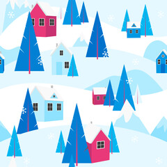 Obraz na płótnie Canvas Seamless pattern Christmas vacation in the mountains. Winter day outdoor landscape snow, warm cozy houses and pine trees. Holidays in village house. Forest background ski resort. Vector illustration.