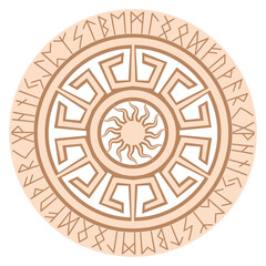 Yarylo, an ancient Slavic symbol, decorated with Scandinavian patterns. Beige fashion design