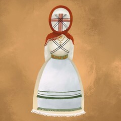 Ukrainian national ancient amulet. Doll Motanka in a white dress and a scarf against the yellow background. Historical attributes are national. Ancient amulet. Historical attributes are national.