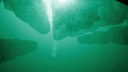 View from the sea bottom with the sun shining through water thickness. Motion. Stone formations underwater.