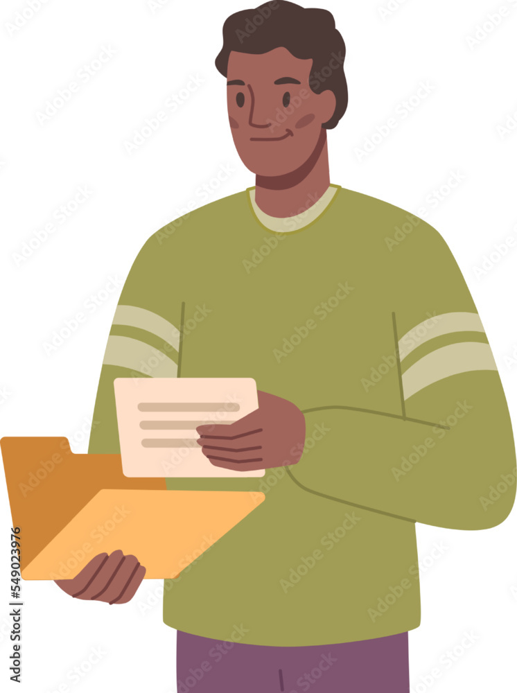 Poster employee working with reports and documents, isolated man holding files and pages. organization and 