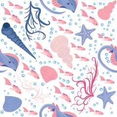 Batomorphi sea life, fish, animals bright seamless pattern. sea travel, snorkeling with animals, tropical fish
