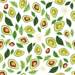 Avocado seamless pattern. Whole and sliced avocado with leaves and flowers.