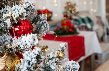 Festive table at home with gifts. Christmas concept, New Year celebration