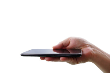 Male hand with black smartphone communication technology and concept (spot focus)
