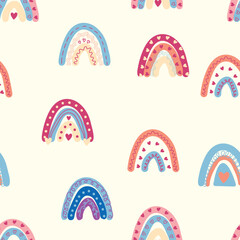 Rainbow seamless pattern in pastel colors. Scandinavian baby hand drawn illustration for textiles and newborn clothes.