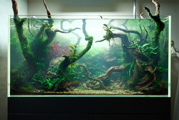  Cloudy water in aquarium. Bacterial bloom. Beautiful freshwater aquascape with live plants, Frodo...