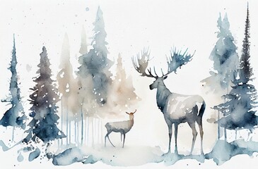 A reindeer in a fir forest