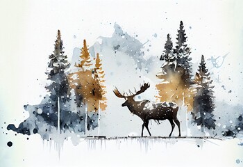 A reindeer in a fir forest