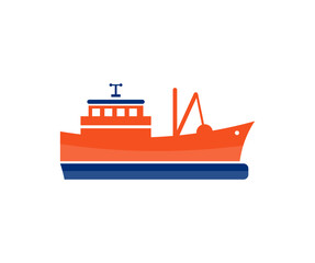 Fishing boat are returning after fishing to its port logo design. Fishing vessel, boat, sea vessel. Commercial fishing boat sailing  vector design and illustration.
