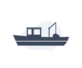Fishing Boat engulf a fishing boat on the water logo design. Fishing boat silhouette.  Sea travel transportation yacht, trawler, seiner nautical vessel silhouette vector design and illustration.
