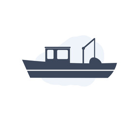 Obraz premium Fishing Boat engulf a fishing boat on the water logo design. Fishing boat silhouette. Sea travel transportation yacht, trawler, seiner nautical vessel silhouette vector design and illustration.