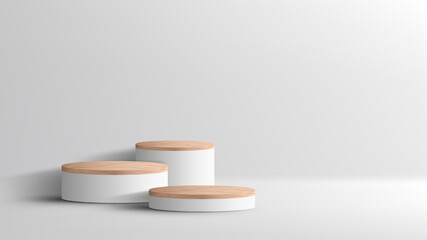 3D realistic empty wood grain top white podium pedestal on white background