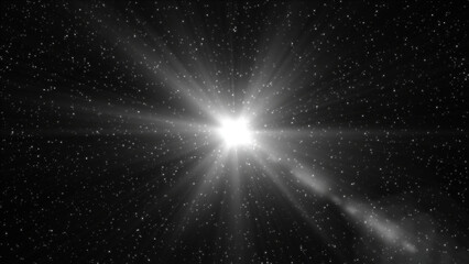 Traveling through monochrome star field in space. Motion. Deep space background with glowing star and rays. © Media Whale Stock