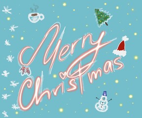 Fototapeta na wymiar Handwritten Merry Christmas card illustration on blue background