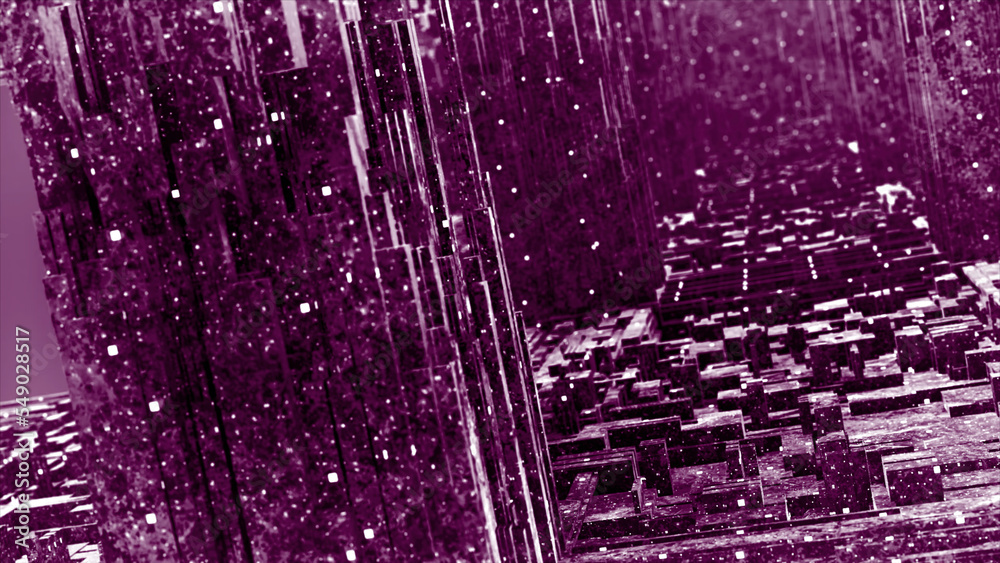 Poster flying into digital technologic tunnel with 3d big data objects. motion. technological and connectio