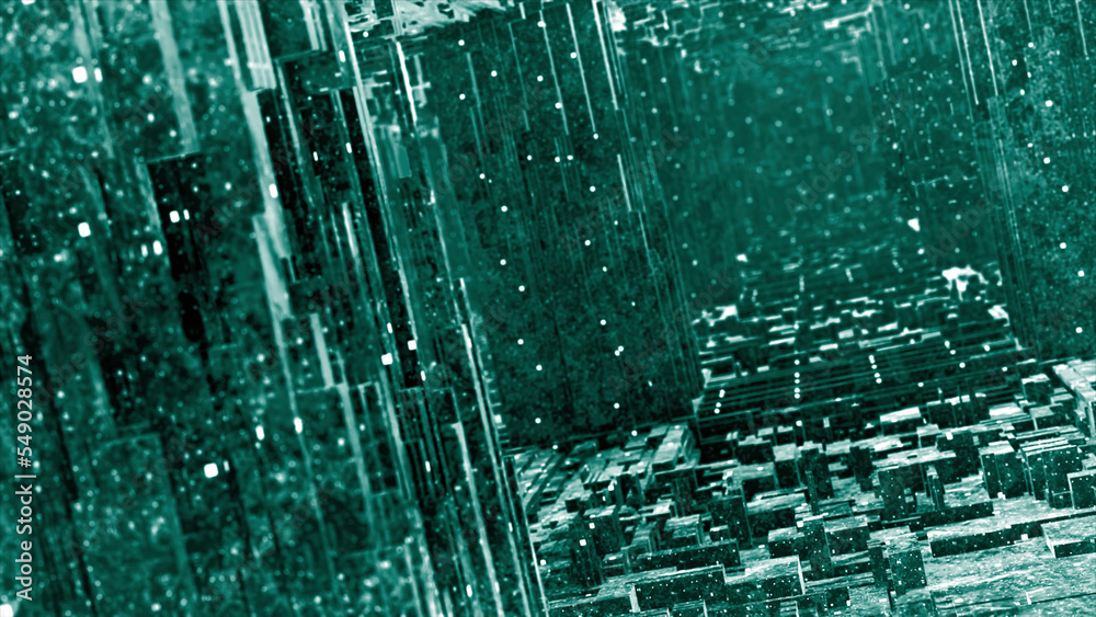 Poster flying into digital technologic tunnel with 3d big data objects. motion. technological and connectio