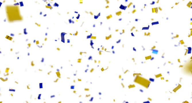 Blue and yellow ribbons for national holiday, Ukrainian flag and victory concept, 3d rendering. Digital illustration of confetti stripes in Ukrainian or Sweden flag colors