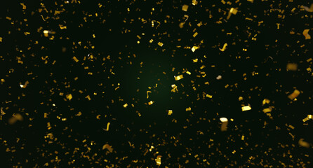 Golden ribbons, festive glitter on dark green background, 3d rendering. Digital illustration of gold confetti on emerald backdrop