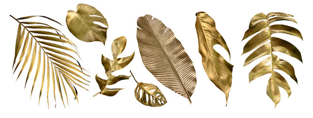 Golden tropical leaf PNG on transparent background Abstract monstera leaf decoration design, PNG - obrazy, fototapety, plakaty