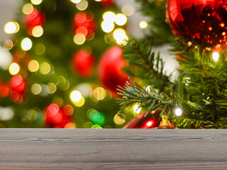 The empty table wooden board in front of the background is blurred. Brown wood perspective in christmas celebrations -can be used to display or montage your products. Mock ups for products 