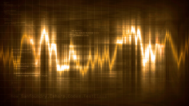 Digital waveform equalizer on a black background. Motion. Technological abstract element of a futuristic interface with digital code behind.