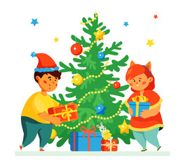 Happy children at the Christmas tree - colorful flat design style illustration