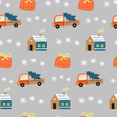 Naklejka premium Seamless pattern with Christmas and winter icons.