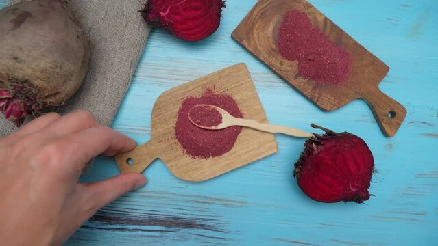 Superfood beetroot flour close-up, energy and help detoxification. Selective focus