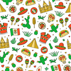 Seamless pattern with Mexican landmarks, food and attractions.