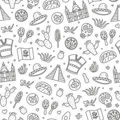 Seamless pattern with Mexican landmarks, food and attractions.