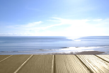 Fototapeta na wymiar Beautiful foreground wooden floor and blue sea and sky background.