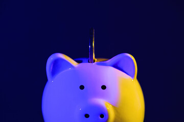 Piggy bank with coin on a dark background with blue - yellow backlight. Ukrainian flag. Banking concept. Bright neon lights