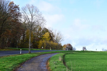 Fototapeta na wymiar Herbstlandschaft bei Landkern mit Straße und FEldweg