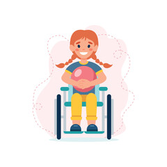 Girl in wheelchair. Smiling child with disabilities holding red ball. Concept of education, sports, social adaptation of people with disabilities. Equal opportunities. Inclusivity. Vector illustration