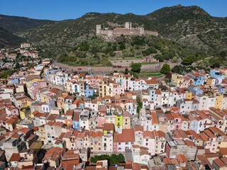 Drone view at the village of Bosa on Sardinia, Italy