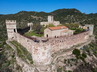 Fototapeta na wymiar Drone view at the village of Bosa on Sardinia, Italy