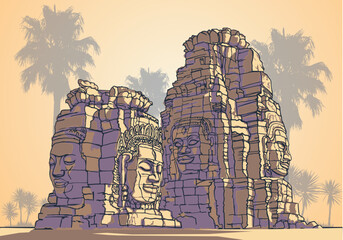 Bayon Temple in Angkor Thom. Bayon is a well known khmer temple at Angkor in Cambodia - obrazy, fototapety, plakaty